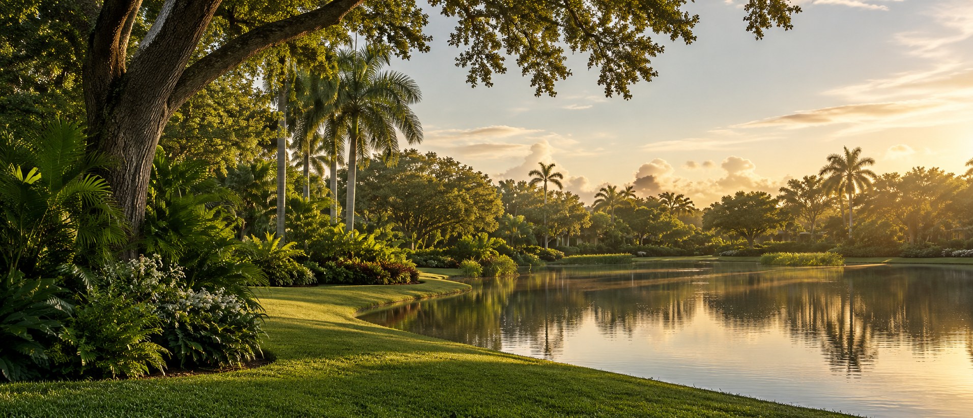 Illustration of palms, mature trees and a calm lake in South Florida